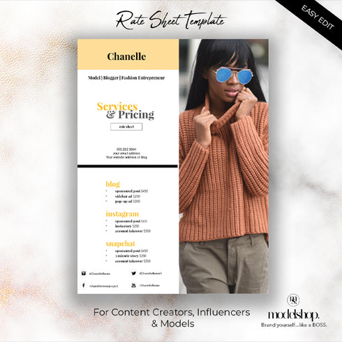 Rate Sheet template for Bloggers, Models & Influencers | CANVA + Easy Edit Templates | Milan Collection